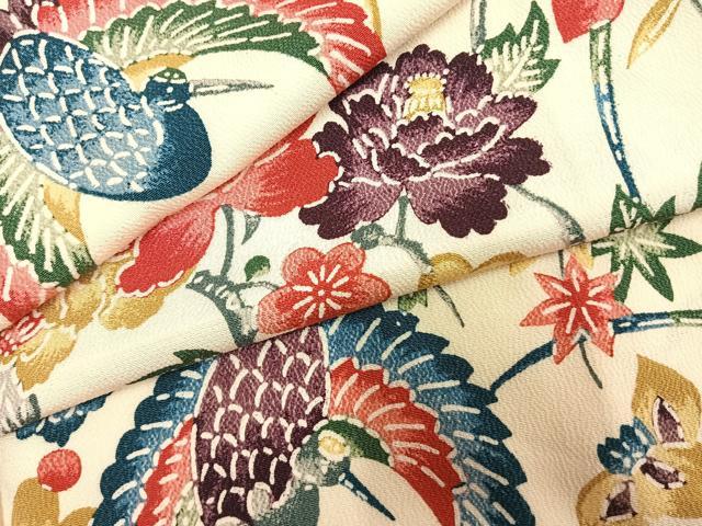 平和屋着物●上質な小紋 型染め 花鳥文 鬼しぼ縮緬 正絹 逸品 AABL8632fy