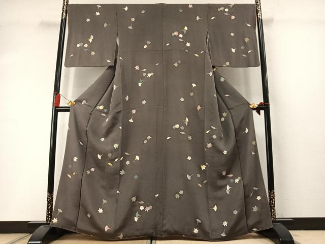 平和屋着物●上質な小紋 銀杏 紅葉 舞花文 金彩 鬼しぼ縮緬 正絹 逸品 AABL8634fy