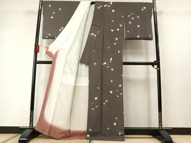 平和屋着物●上質な小紋 銀杏 紅葉 舞花文 金彩 鬼しぼ縮緬 正絹 逸品 AABL8634fy