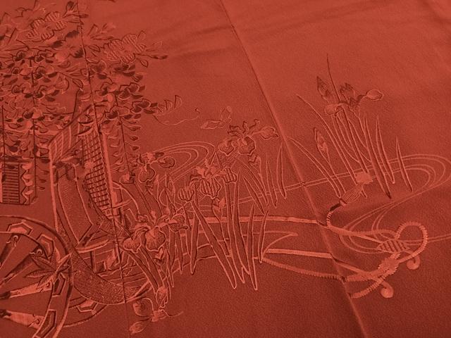 平和屋着物●豪華振袖 総刺繍 御所車花蝶文 海老茶色 正絹 逸品 AABL8641fy
