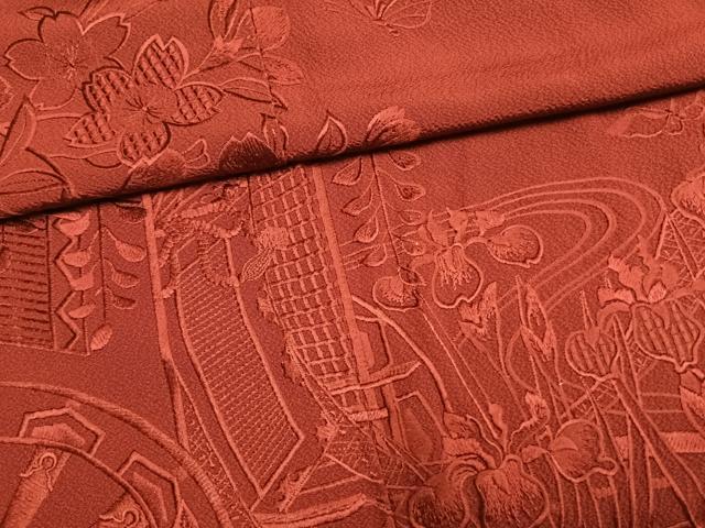 平和屋着物●豪華振袖 総刺繍 御所車花蝶文 海老茶色 正絹 逸品 AABL8641fy