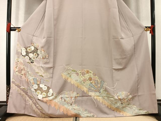 平和屋着物●豪華色留袖 駒刺繍 扇面花鳥文 金彩 正絹 逸品 未使用 AABL8678fy