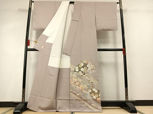 平和屋着物●豪華色留袖 駒刺繍 扇面花鳥文 金彩 正絹 逸品 未使用 AABL8678fy