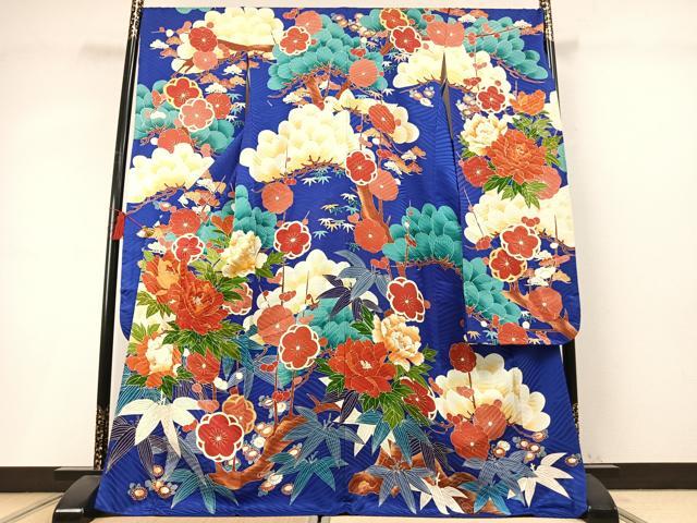 平和屋着物●豪華振袖 駒刺繍 松竹梅 草花文 金彩 ロング丈 正絹 逸品 AABL8687fy