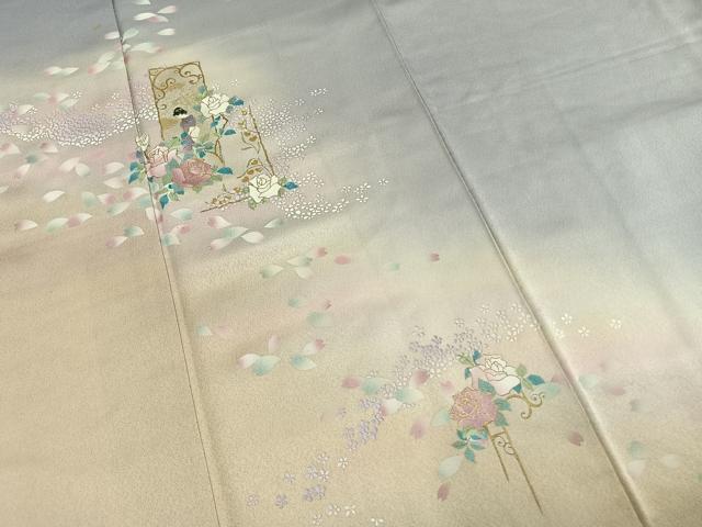 平和屋着物●大正の浮世絵師 竹久夢二 夢二ロマン 訪問着 人物花文 暈し染め 金彩 銀通し地 正絹 逸品 AABL8700fy