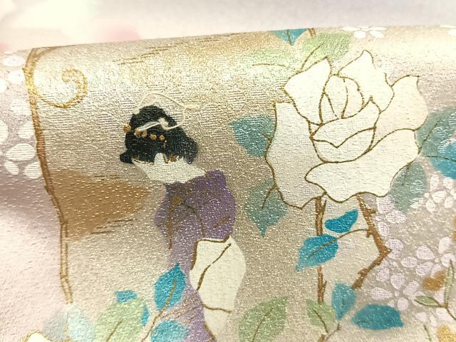 平和屋着物●大正の浮世絵師 竹久夢二 夢二ロマン 訪問着 人物花文 暈し染め 金彩 銀通し地 正絹 逸品 AABL8700fy