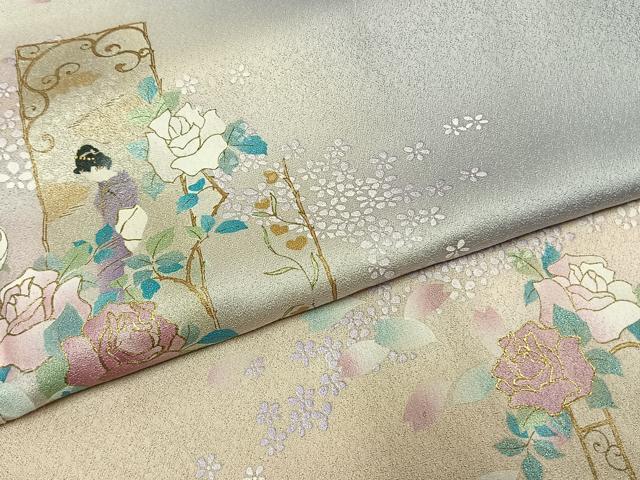 平和屋着物●大正の浮世絵師 竹久夢二 夢二ロマン 訪問着 人物花文 暈し染め 金彩 銀通し地 正絹 逸品 AABL8700fy