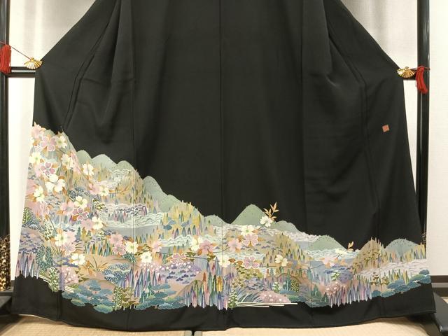 平和屋着物●本加賀友禅作家 堀哲也 黒留袖 風景花文 正絹 逸品 AABL8704fy