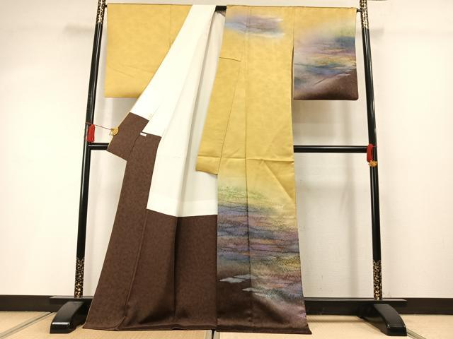 平和屋着物●訪問着 作家物 絞り 霞文 暈し染め 金彩 ロング丈 正絹 逸品 AABL8709fy