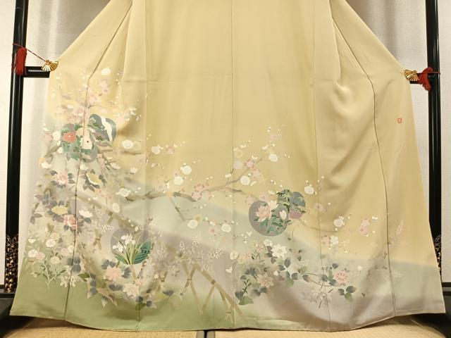 平和屋着物●訪問着 友禅 作家物 松竹梅 飛鶴花文 暈し染め 正絹 逸品 未使用 AABL8716fy