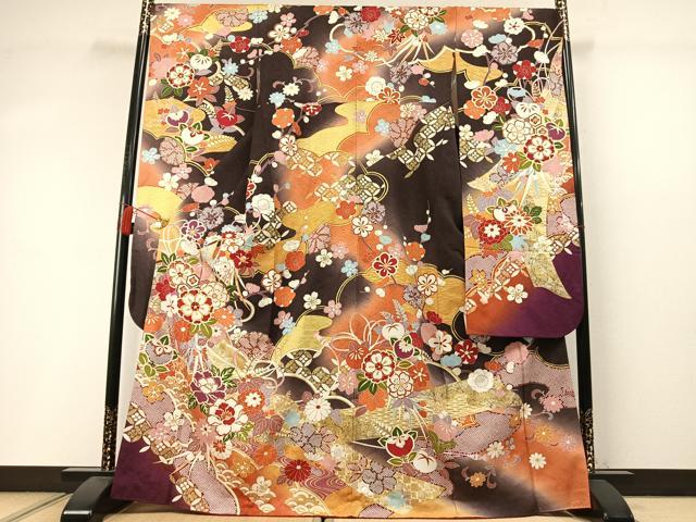平和屋着物●豪華振袖 駒刺繍 草花文 暈し染め 金彩 銀通し地 正絹 逸品 AABL8725fy