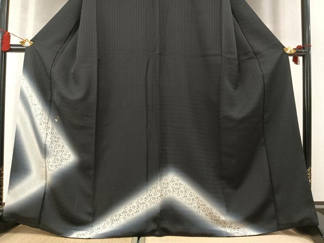 平和屋着物●訪問着 刺繍 草花文 暈し染め 黒地 金糸 正絹 逸品 AABL8729fy