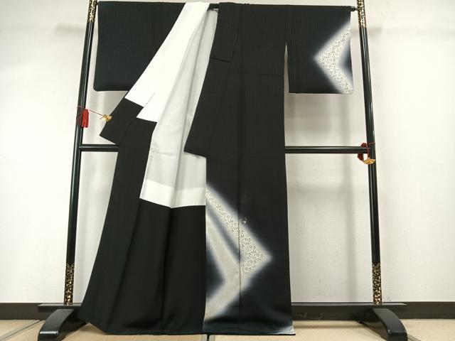 平和屋着物●訪問着 刺繍 草花文 暈し染め 黒地 金糸 正絹 逸品 AABL8729fy