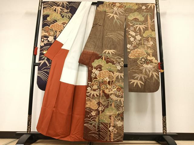 平和屋着物●豪華振袖 駒刺繍 松竹梅 暈し染め 金彩 正絹 逸品 AABL8746fy