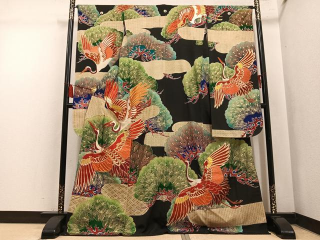 平和屋本店●アンティーク 大正ロマン 振袖 駒刺繍 群れ鶴松文 黒地 金銀彩 ロング丈 正絹 逸品 AABL8818ph