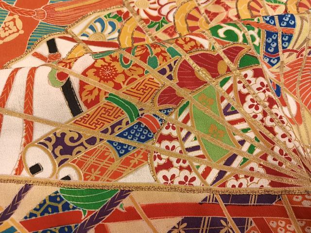 平和屋本店●アンティーク 大正ロマン 振袖 駒刺繍 檜扇花文 金彩 正絹 逸品 AABL8820ph