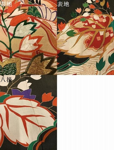 平和屋本店●アンティーク 大正ロマン 振袖 刺繍 草花文 黒地 金彩 ロング丈 正絹 逸品 AABL8821ph