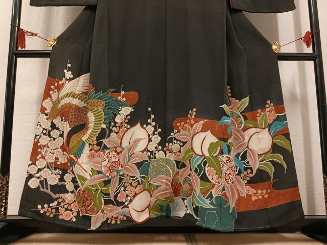 平和屋本店●アンティーク 大正ロマン 黒留袖 飛鶴更紗草花文 正絹 逸品 AABL8822ph