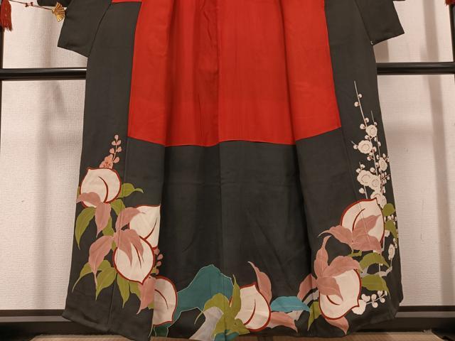 平和屋本店●アンティーク 大正ロマン 黒留袖 飛鶴更紗草花文 正絹 逸品 AABL8822ph