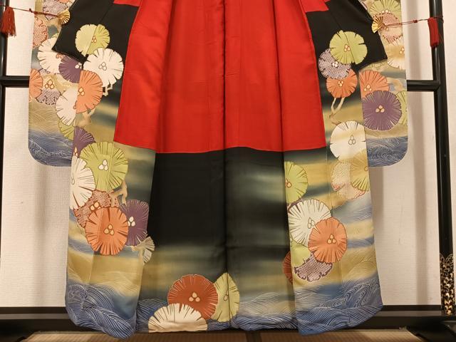 平和屋本店●アンティーク 大正ロマン 振袖 刺繍 鳳凰花文 暈し染め 黒地 金彩 正絹 逸品 AABL8824ph