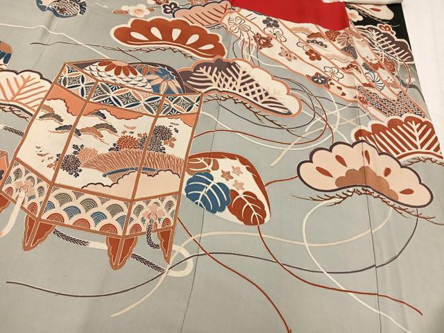 平和屋本店●アンティーク 大正ロマン 振袖 駒刺繍 群れ鶴貝合わせ草花文 暈し染め 黒地 金彩 正絹 逸品 AABL8825ph