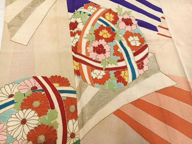 平和屋本店●アンティーク 大正ロマン 小振袖 二尺袖 草花文 金彩 正絹 逸品 AABL8826ph
