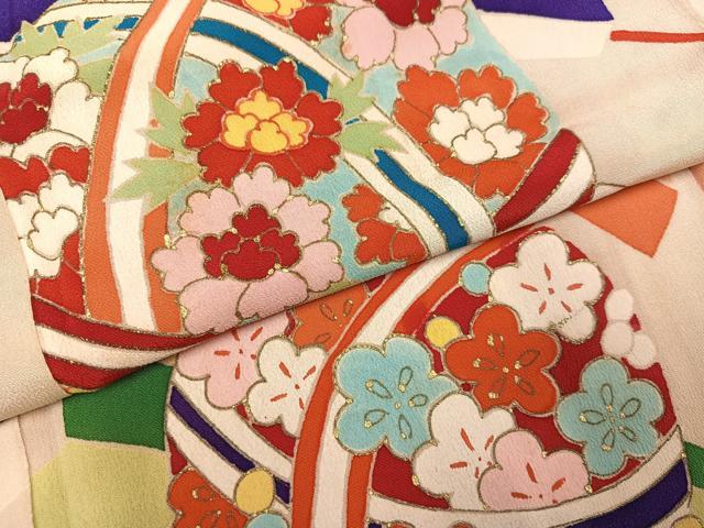 平和屋本店●アンティーク 大正ロマン 小振袖 二尺袖 草花文 金彩 正絹 逸品 AABL8826ph