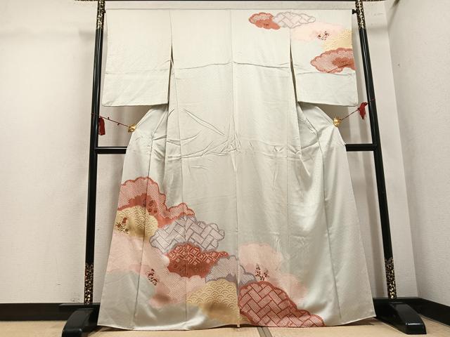平和屋着物●訪問着 絞り 駒刺繍 草花文 金彩 正絹 逸品 AABL8861ph