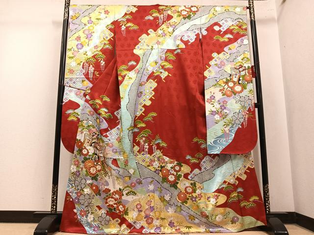 平和屋着物●豪華振袖 駒刺繍 御所車草花文 金彩 京都きもの友禅扱い 正絹 逸品 AABL8865ph