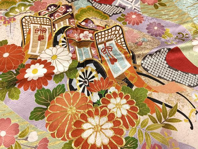 平和屋着物●豪華振袖 駒刺繍 御所車草花文 金彩 京都きもの友禅扱い 正絹 逸品 AABL8865ph