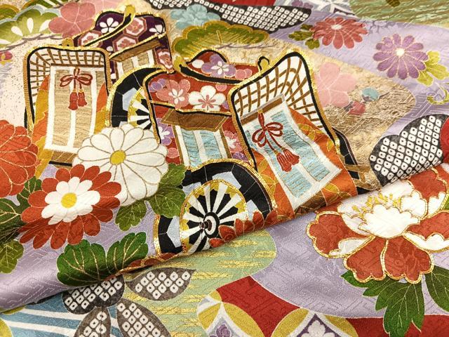 平和屋着物●豪華振袖 駒刺繍 御所車草花文 金彩 京都きもの友禅扱い 正絹 逸品 AABL8865ph