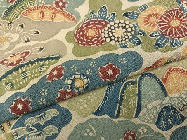 平和屋着物●訪問着 型染め 草花文 鬼しぼ縮緬 正絹 逸品 AABL8873ph