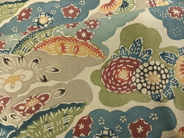 平和屋着物●訪問着 型染め 草花文 鬼しぼ縮緬 正絹 逸品 AABL8873ph