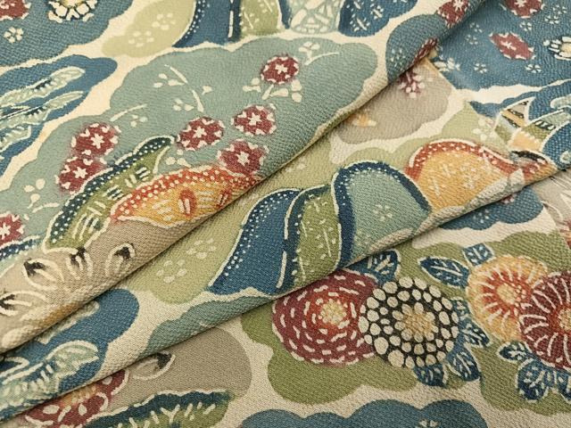 平和屋着物●訪問着 型染め 草花文 鬼しぼ縮緬 正絹 逸品 AABL8873ph