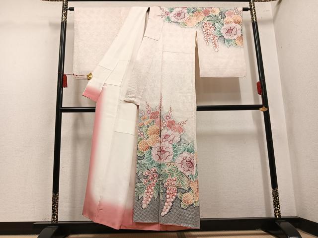 平和屋着物●名門 藤娘きぬたや・総絞り 訪問着 草花文 暈し染め 正絹 逸品 AABL8890ph