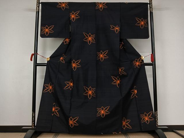 平和屋着物▽上質な紬 単衣 舞花文 黒地 正絹 逸品 未使用 AABL8926jh