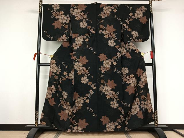 平和屋着物▽小紋 単衣 草花文 黒地 洗える着物 AABL8941jh