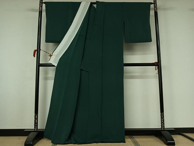 平和屋着物▽上質な色無地 単衣 千歳緑色 鬼しぼ縮緬 正絹 逸品 AABL8946jh