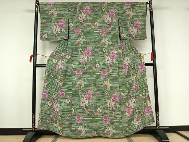 平和屋着物▽小紋 単衣 草花文 洗える着物 AABL8953jh