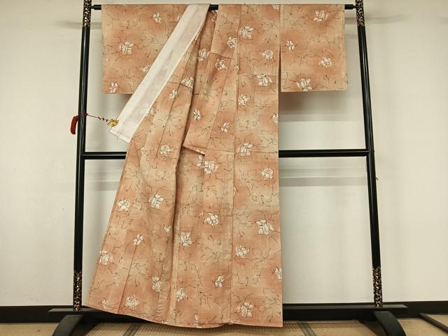 平和屋着物▽上質な紬 単衣 草花文 正絹 逸品 AABL8955jh