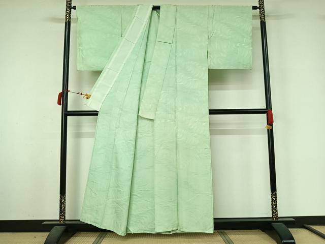 平和屋着物▽上質な色無地 単衣 立波地紋 白緑色 正絹 逸品 AABL8959jh