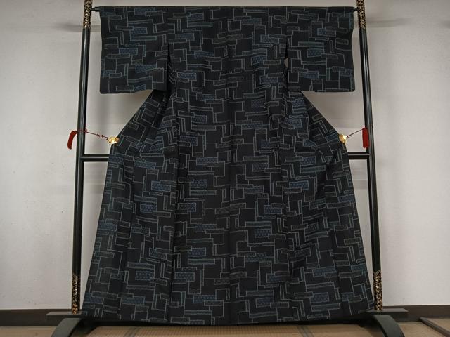 平和屋着物▽上質な紬 単衣 幾何学文様 やまと誂製 正絹 逸品 AABL8972jh