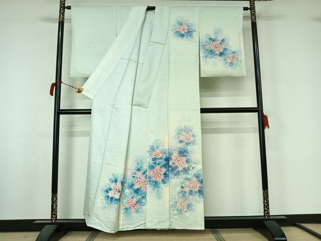 平和屋着物▽訪問着 単衣 手描き 草花文 暈し染め 金銀彩 正絹 逸品 AABL8997jh