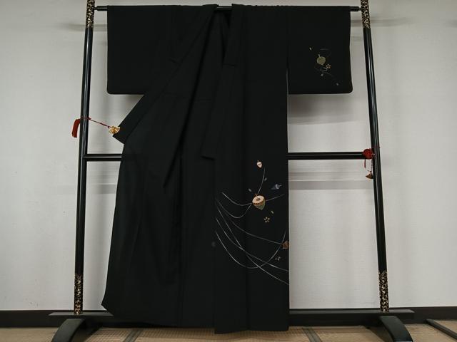 平和屋着物▽訪問着 単衣 舞桜文 駒 黒地 金彩 洗える着物 AABL9009jh
