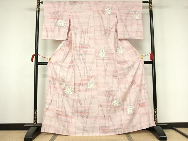平和屋着物▽上質な小紋 単衣 手描き 草花文 暈し染め 銀彩 正絹 逸品 AABL9012jh