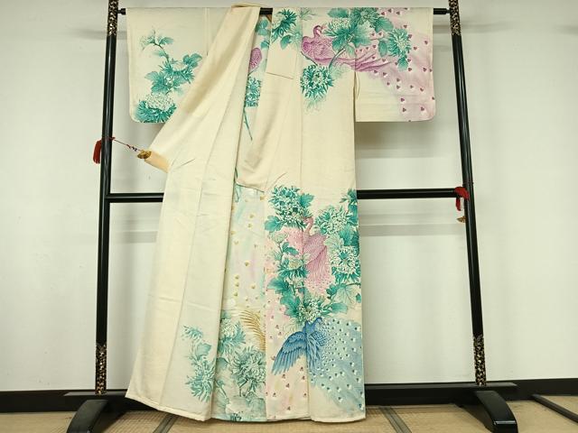 平和屋着物▽訪問着 単衣 孔雀花文 金彩 正絹 逸品 AABL9013jh