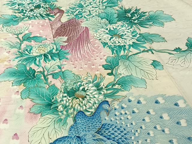 平和屋着物▽訪問着 単衣 孔雀花文 金彩 正絹 逸品 AABL9013jh