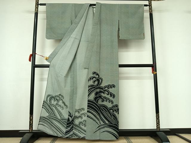 平和屋着物▽訪問着 単衣 立波文 黒地 洗える着物 AABL9027jh