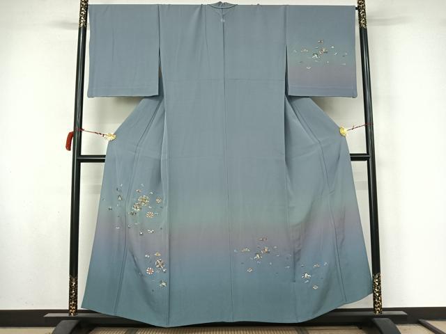 平和屋着物▽訪問着 単衣 総刺繍 花鳥文 暈し染め 金糸 正絹 逸品 AABL9028jh