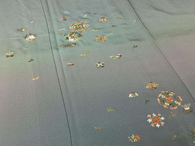 平和屋着物▽訪問着 単衣 総刺繍 花鳥文 暈し染め 金糸 正絹 逸品 AABL9028jh